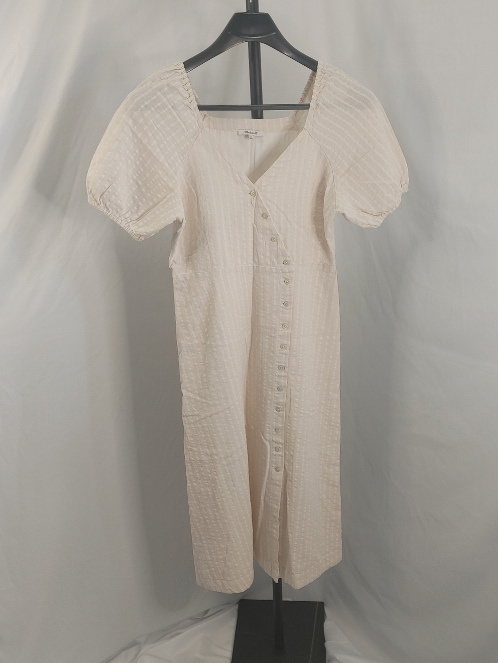 Madewell Cream Textured Button Front Midi Dress Size 6 Puff Sleeve - Picture 2 of 11